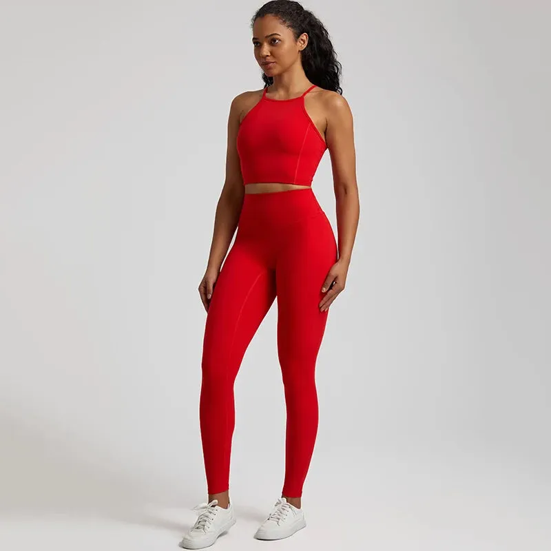 Buttery Soft Gym Set for Women - 2 Piece Crisscross Crop Top and High Waist Leggings