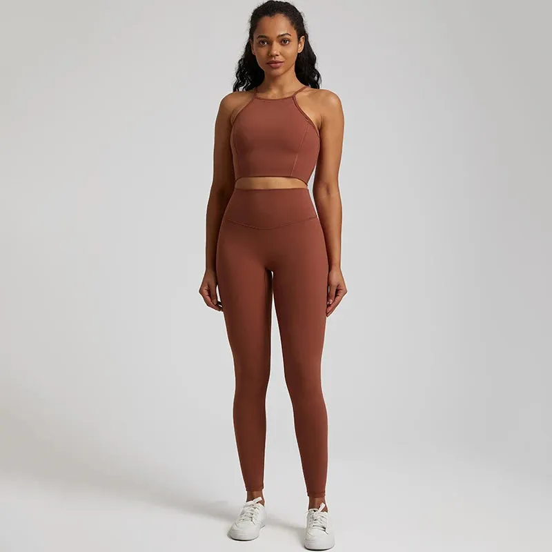 Buttery Soft Gym Set for Women - 2 Piece Crisscross Crop Top and High Waist Leggings