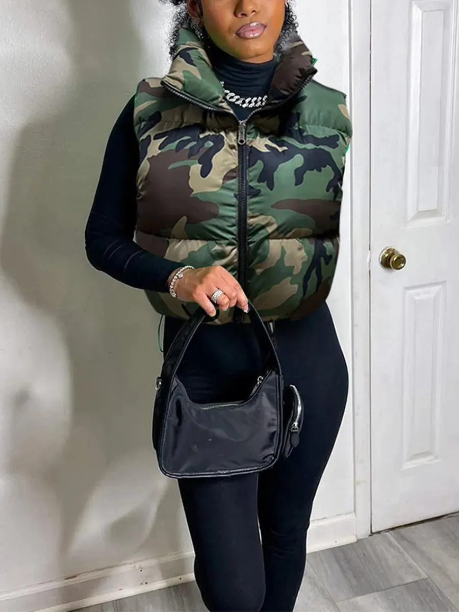 Camouflage Print Puffer Vest: Cute Sleeveless Bubble Coats