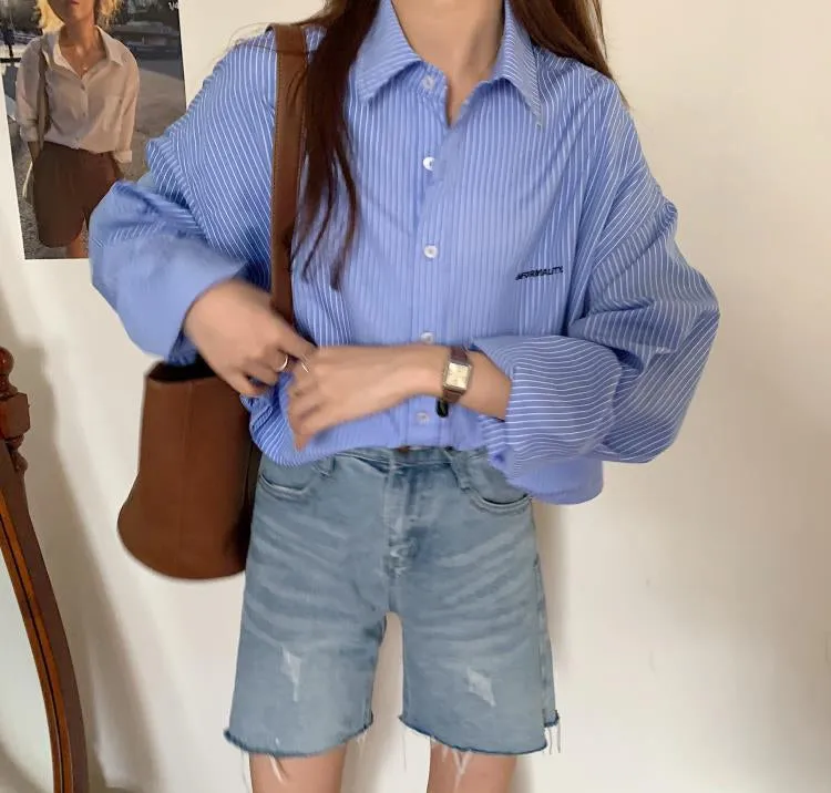 Cropped Long Sleeve Simple Striped Shirts