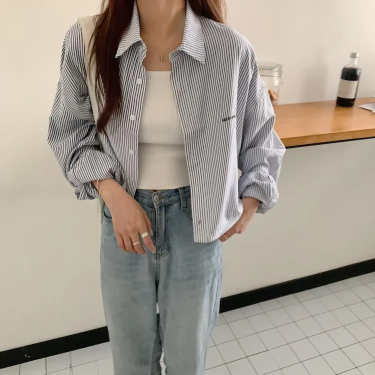 Cropped Long Sleeve Simple Striped Shirts
