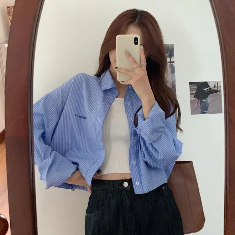 Cropped Long Sleeve Simple Striped Shirts