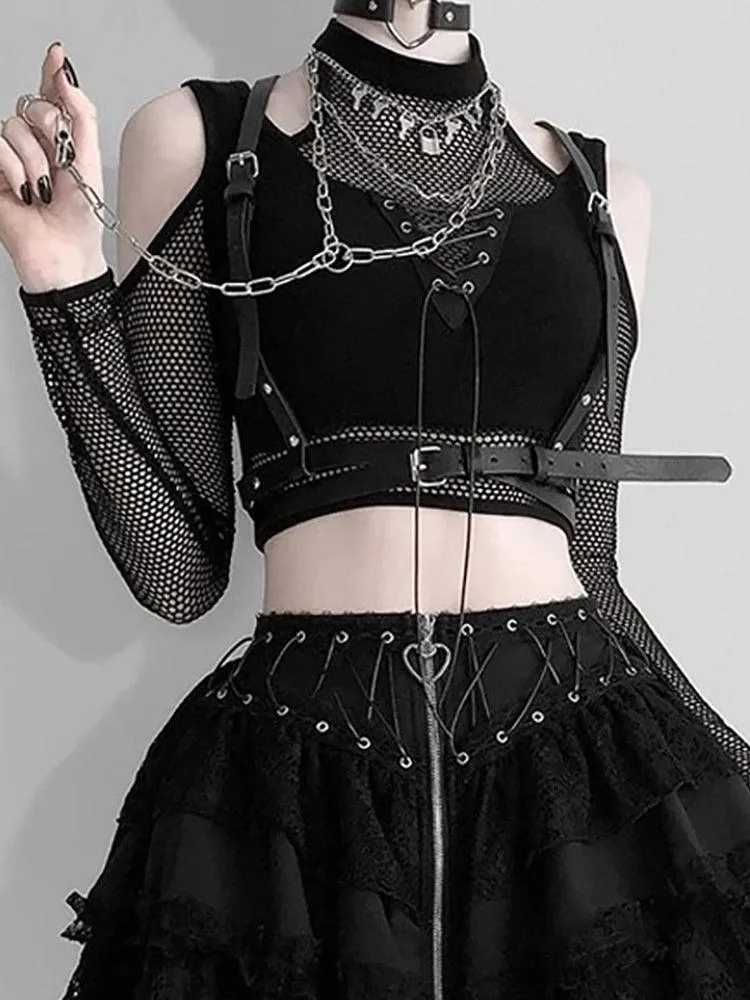 Dark Fishnet Cut Out Halter Bandage Crop Top