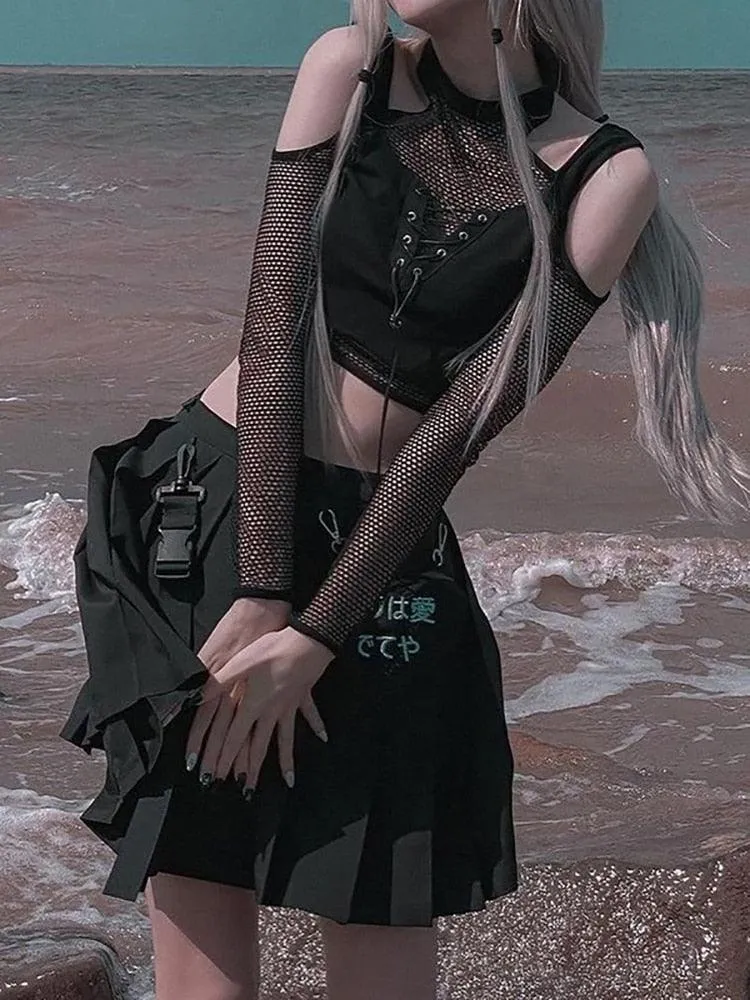 Dark Fishnet Cut Out Halter Bandage Crop Top
