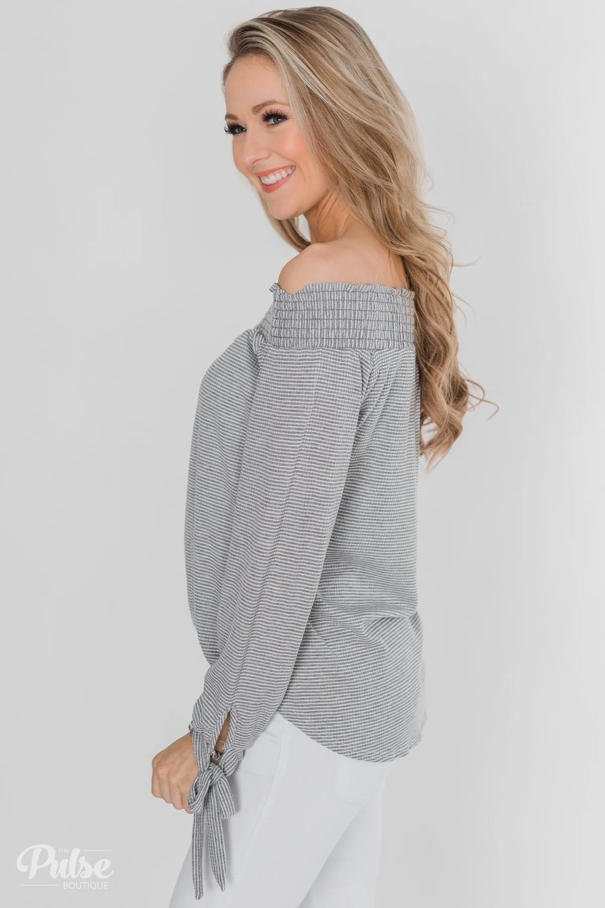 Dreaming of Stripes Off the Shoulder Top - Grey & White