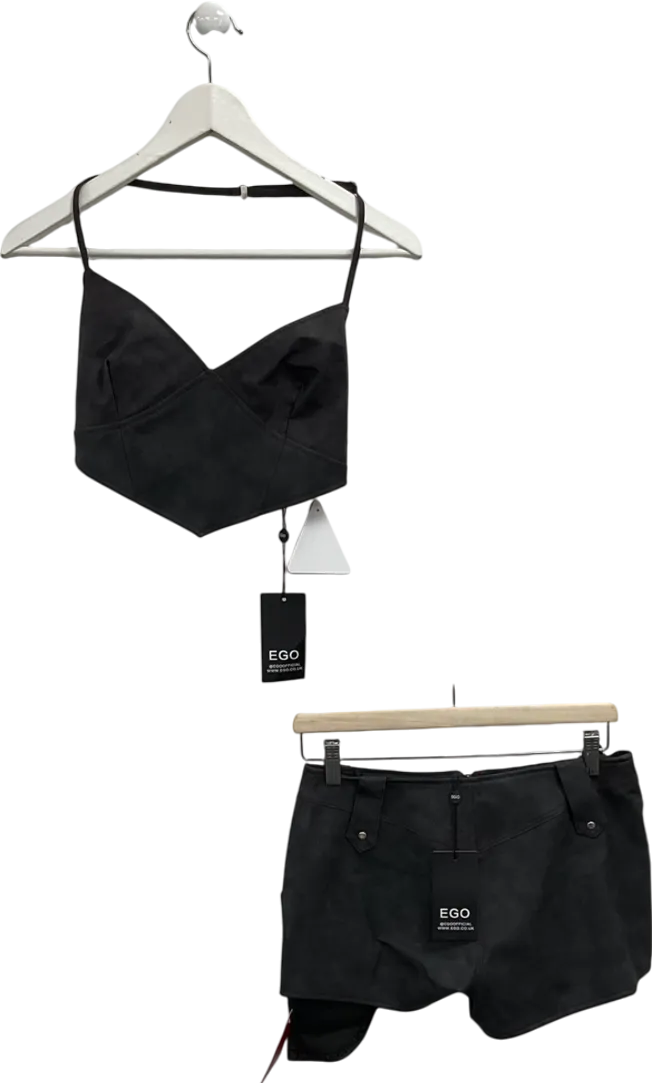 Ego Grey Halter Neck Dipped Hem Crop Top & Low Waist Belt Detail Shorts UK 8