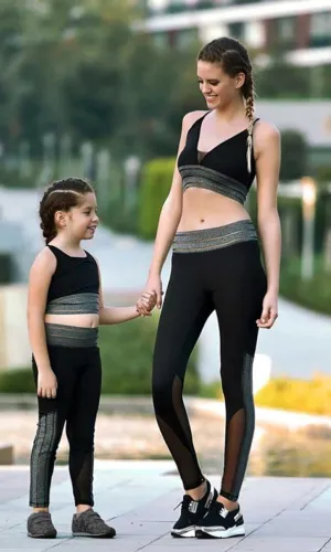 Elastic Black and Silver Workout Set with Metallic Detailing - Bra and Leggings