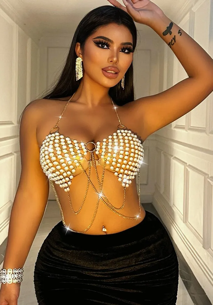 Elegant Pearl Patchwork Halter Neck Body Chain Vest for Festive Glamour