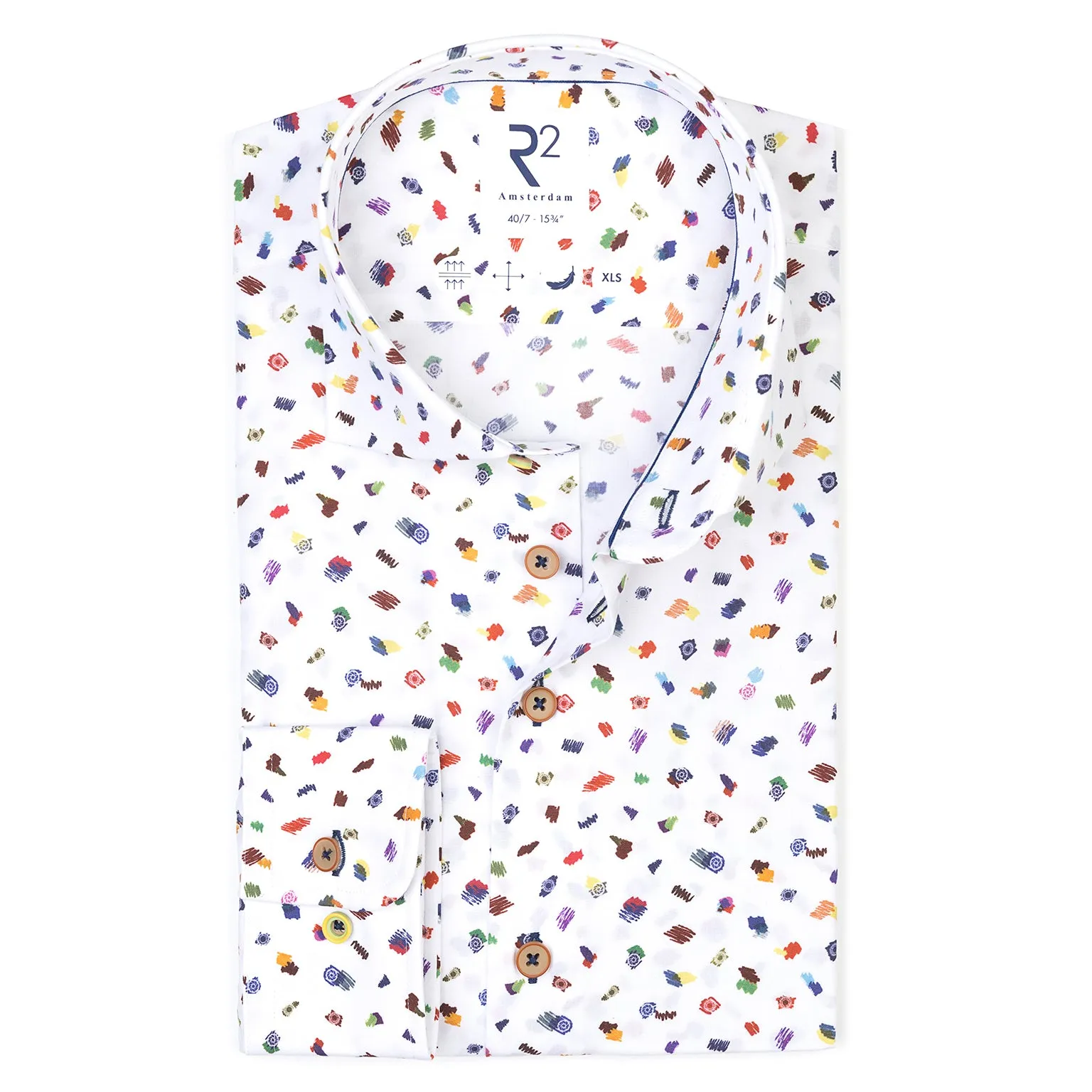 Extra long sleeves. Colourful print cotton shirt