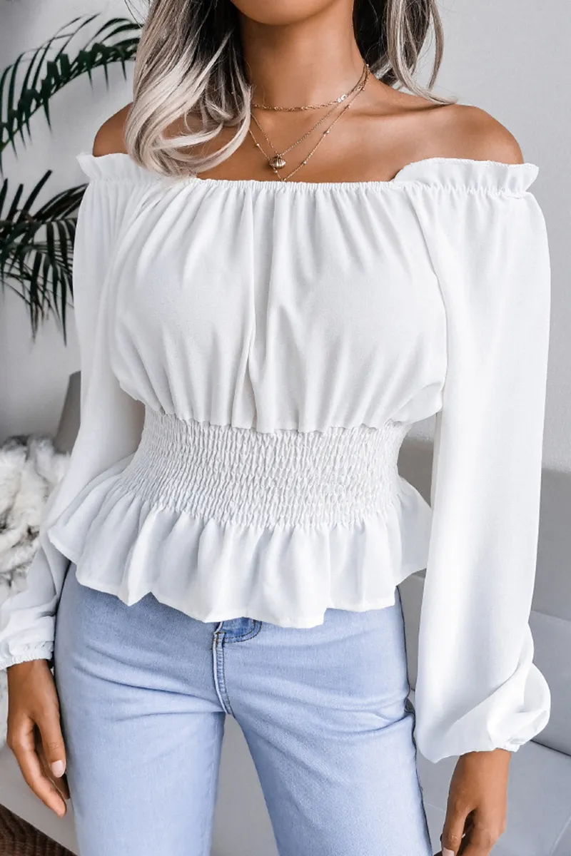Fashion Elegant Solid Split Joint Flounce Off the Shoulder Tops