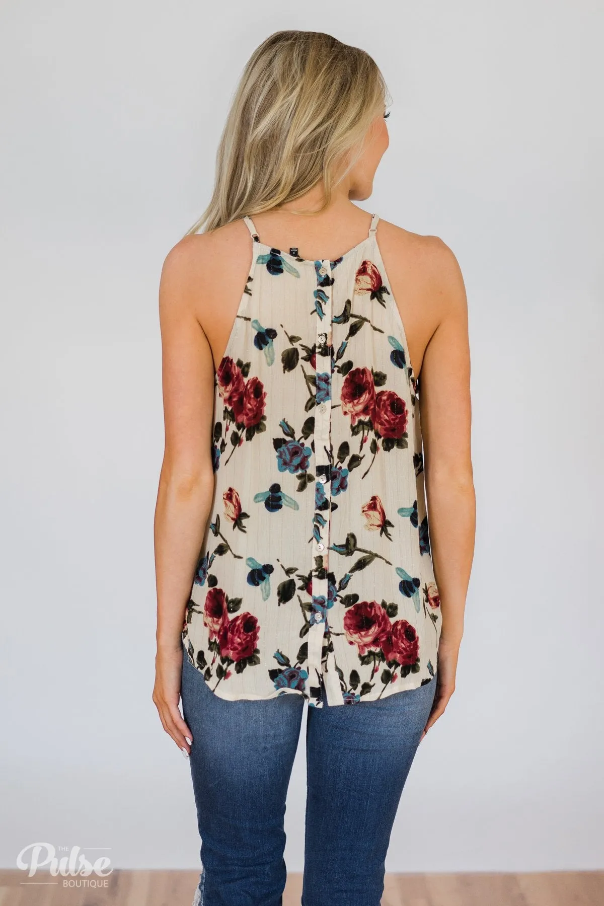 Floral Shimmer Halter Tank Top