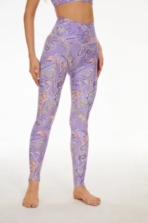 Flow with Grace Women's High-Waisted Workout Leggings – Seamless Compression Fit Yoga Pants with Soft Lavender Paisley Print for Gym, Pilates & Lounge