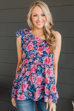 Fond Memories One-Shoulder Tank Top- Navy & Pink