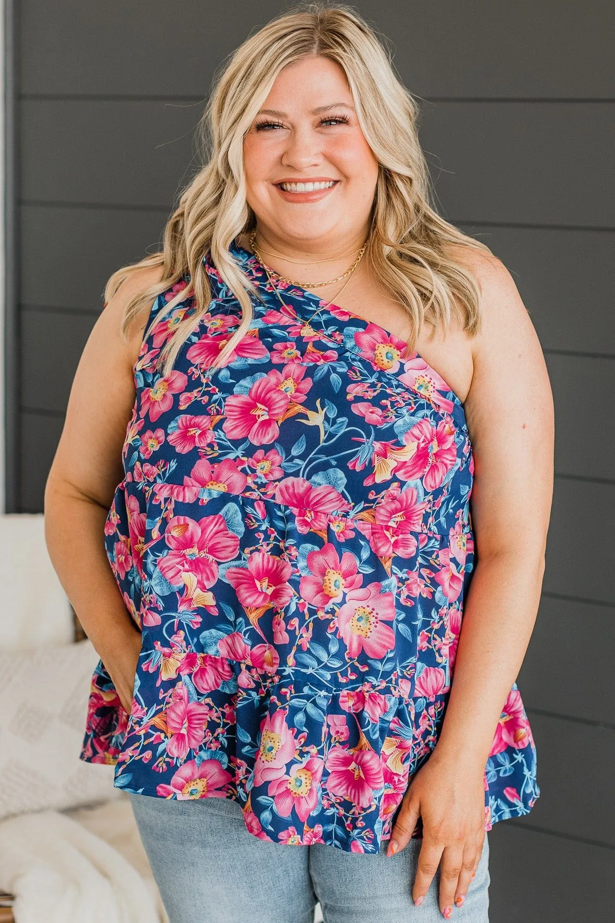 Fond Memories One-Shoulder Tank Top- Navy & Pink