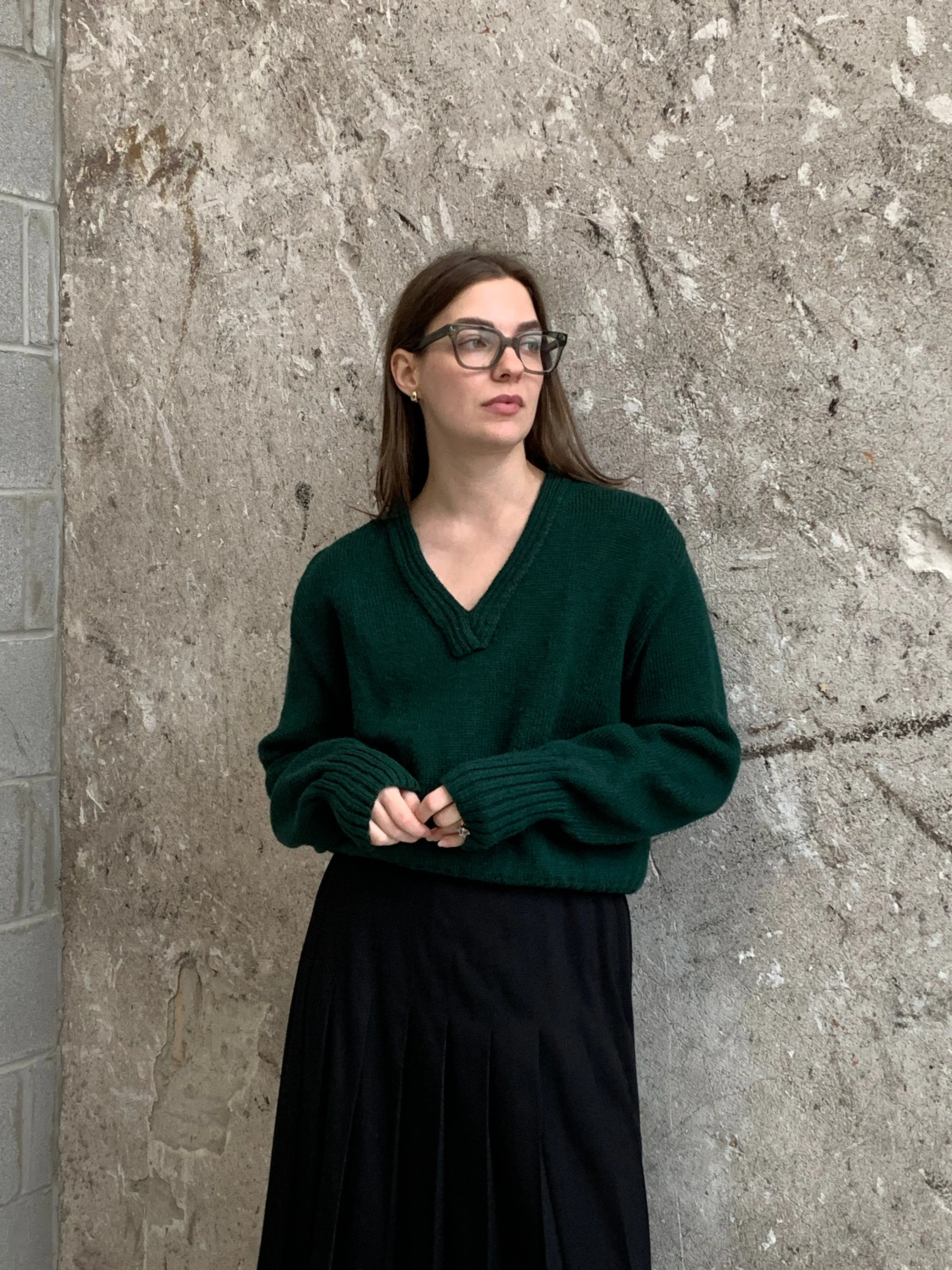 green vneck wool sweater