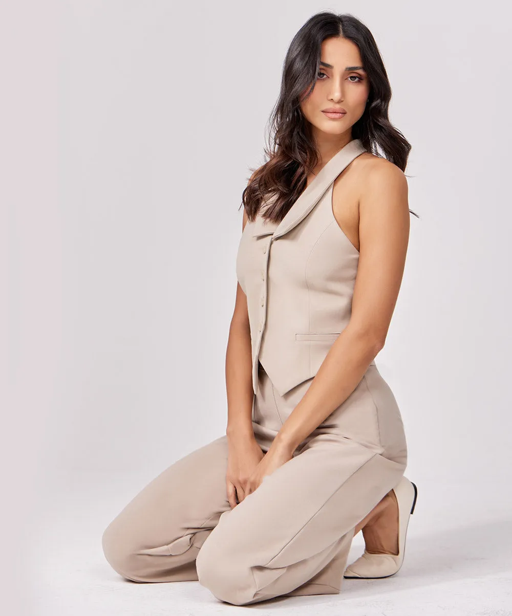 Halter Neck Buttoned Beige Waistcoat
