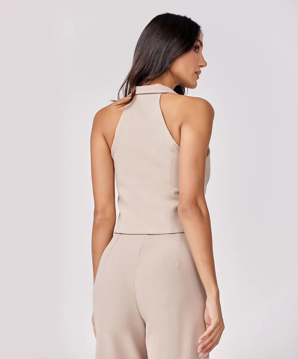 Halter Neck Buttoned Beige Waistcoat