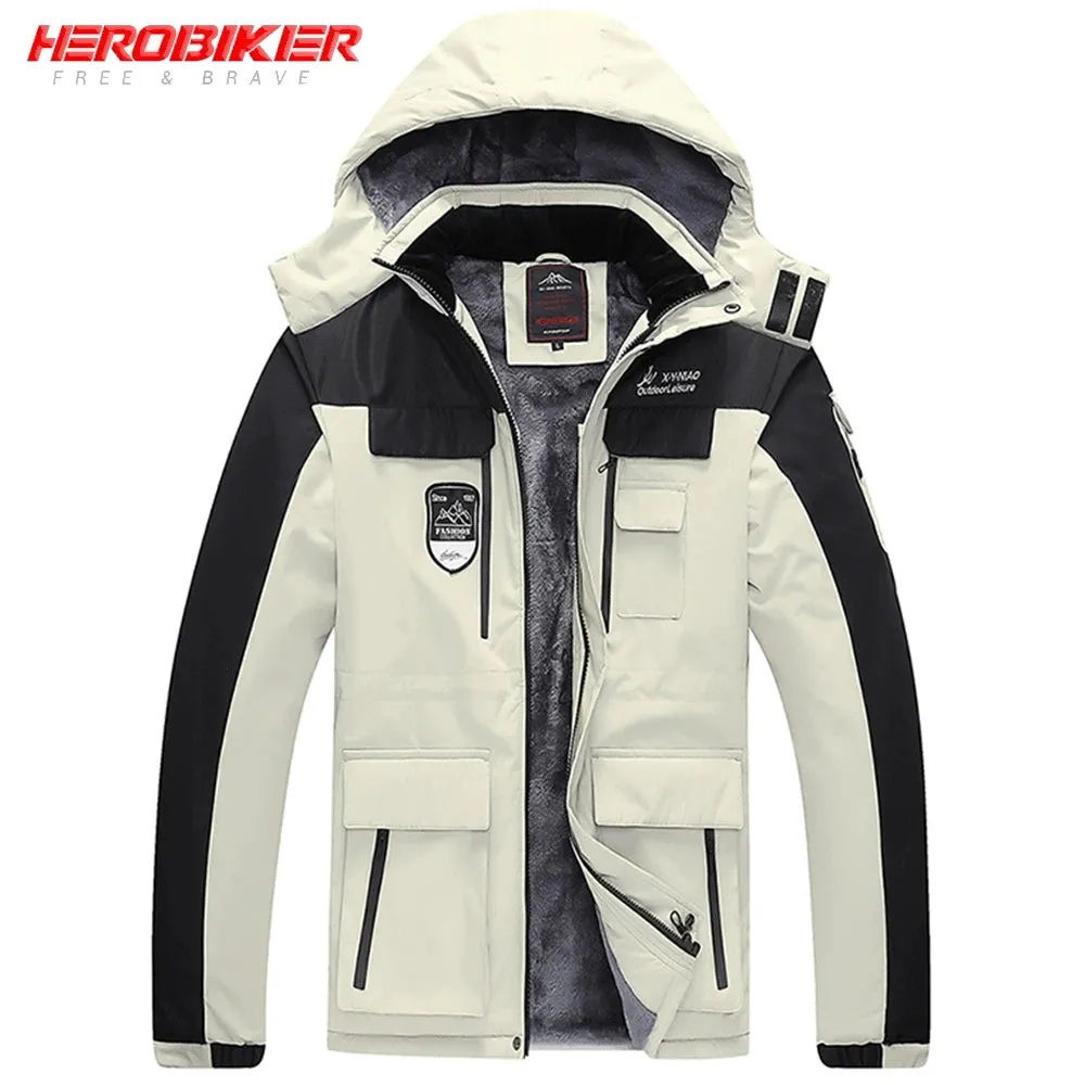 HEROBIKER Winter Skiing Jacket Man Cold Protection Windproof Motorcycle Jacket Rainproof Fleece Cotton Chaqueta Hooded Jaqueta