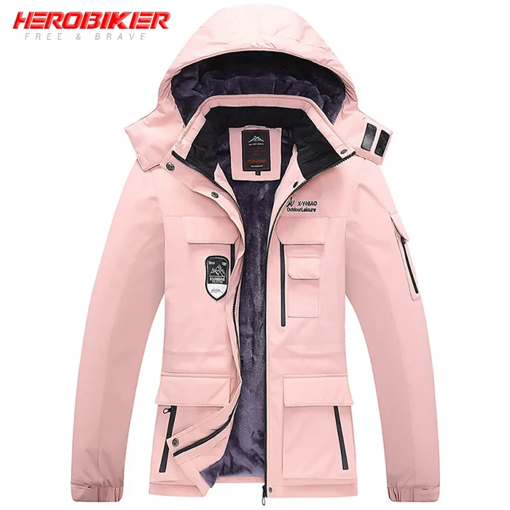 HEROBIKER Winter Skiing Jacket Man Cold Protection Windproof Motorcycle Jacket Rainproof Fleece Cotton Chaqueta Hooded Jaqueta