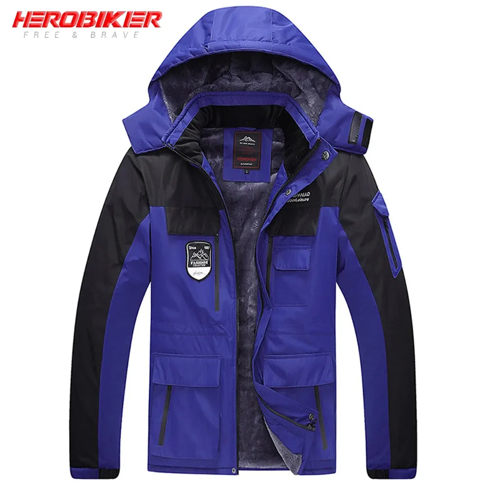 HEROBIKER Winter Skiing Jacket Man Cold Protection Windproof Motorcycle Jacket Rainproof Fleece Cotton Chaqueta Hooded Jaqueta