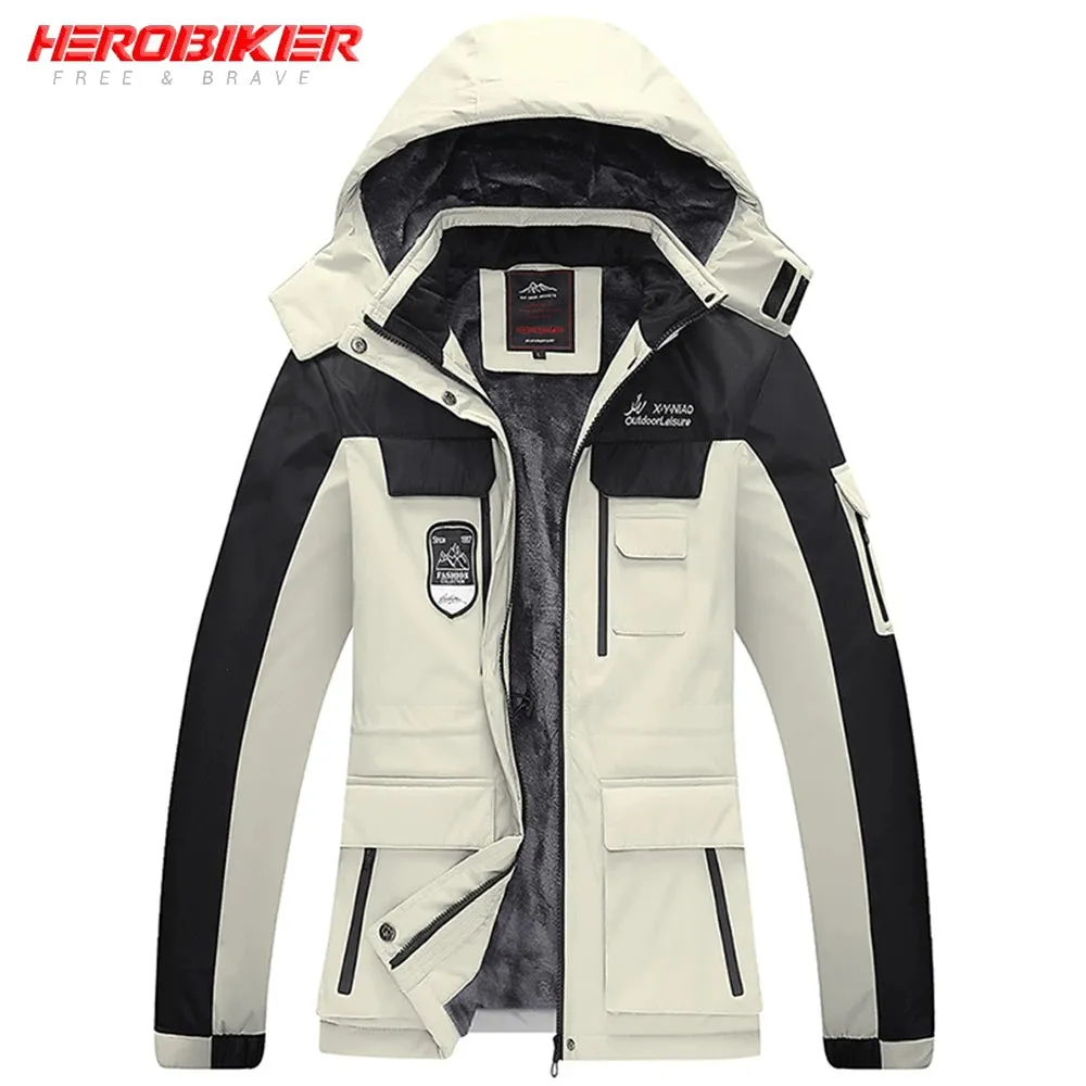 HEROBIKER Winter Skiing Jacket Man Cold Protection Windproof Motorcycle Jacket Rainproof Fleece Cotton Chaqueta Hooded Jaqueta
