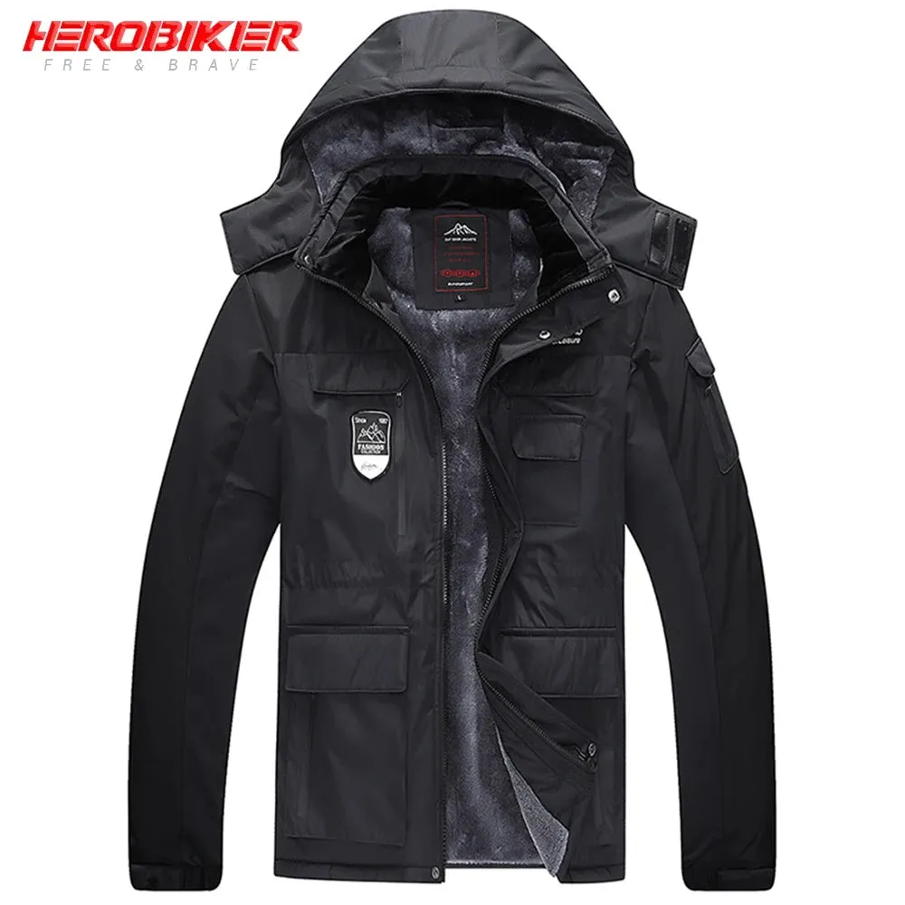HEROBIKER Winter Skiing Jacket Man Cold Protection Windproof Motorcycle Jacket Rainproof Fleece Cotton Chaqueta Hooded Jaqueta