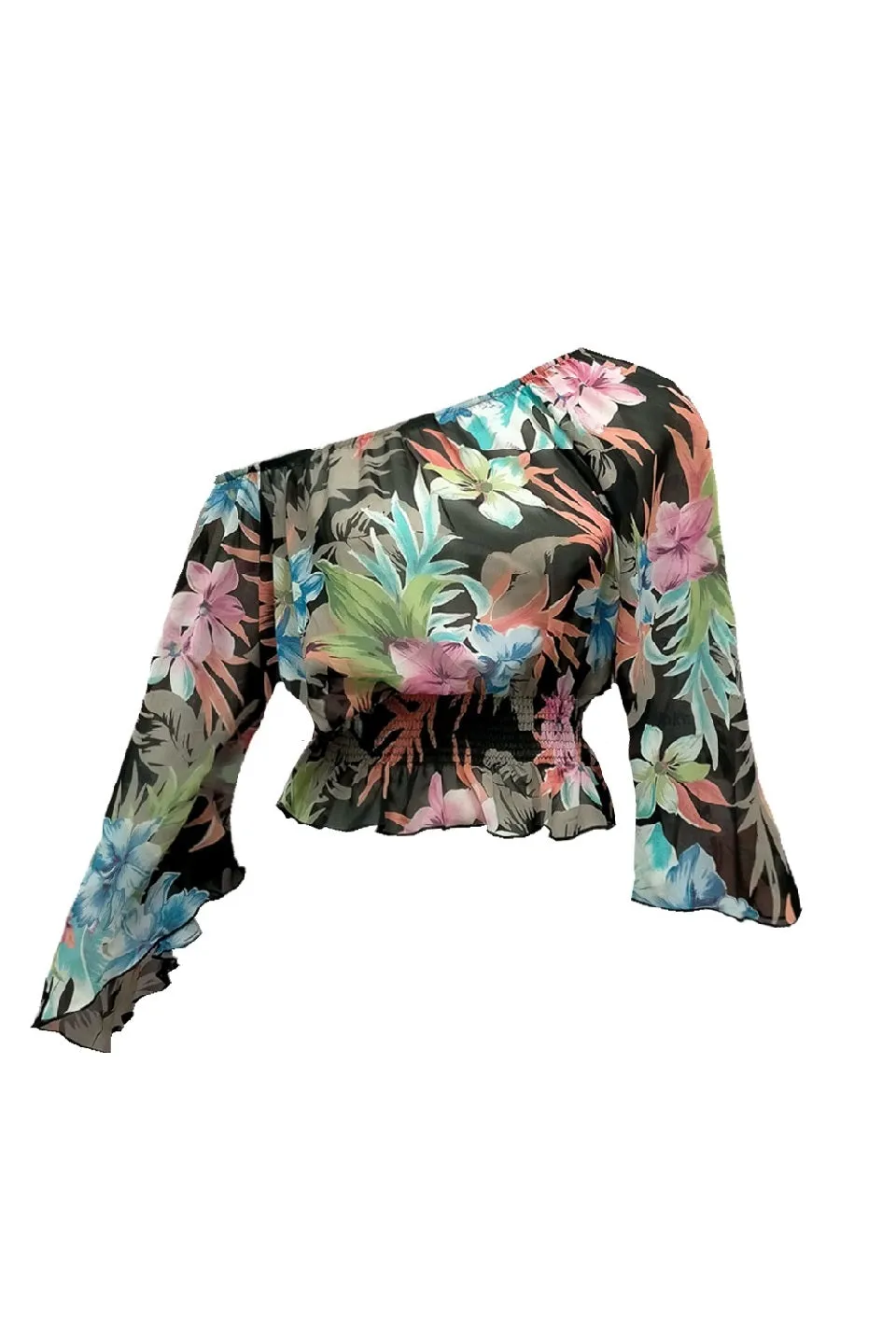 Kira off shoulder flute sleeve sheer  floral Top