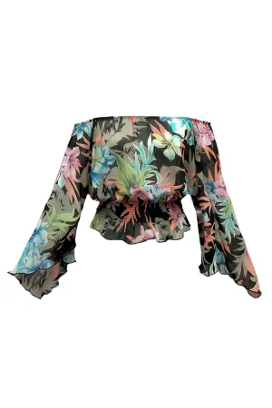 Kira off shoulder flute sleeve sheer  floral Top