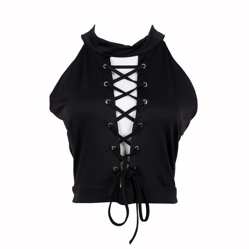 Lace Up Tie Front Stretch Crop Tops Sexy Women Bandage Shirt Seeveless Womens Halter Ladies Shirts Clothes