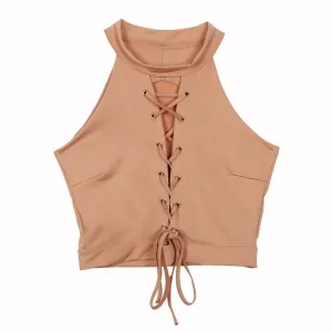 Lace Up Tie Front Stretch Crop Tops Sexy Women Bandage Shirt Seeveless Womens Halter Ladies Shirts Clothes