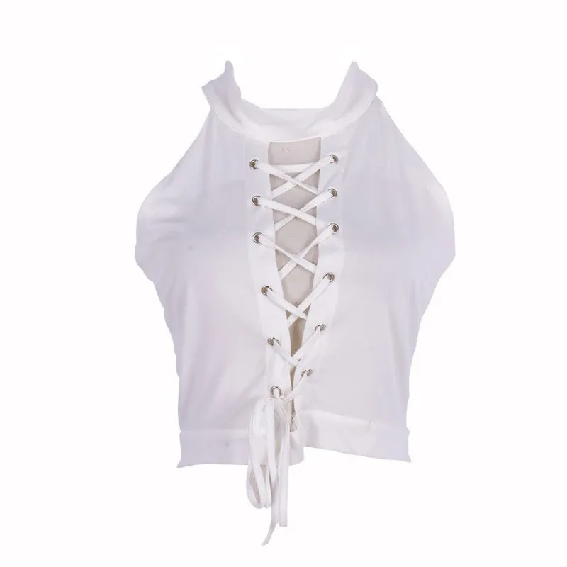 Lace Up Tie Front Stretch Crop Tops Sexy Women Bandage Shirt Seeveless Womens Halter Ladies Shirts Clothes