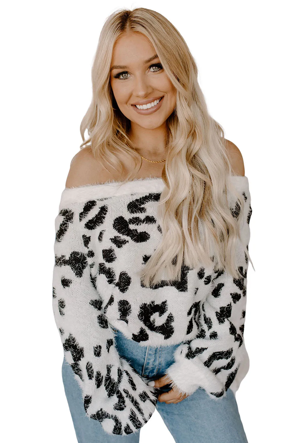Leopard Fuzzy Knit Flat Shoulder Sweater