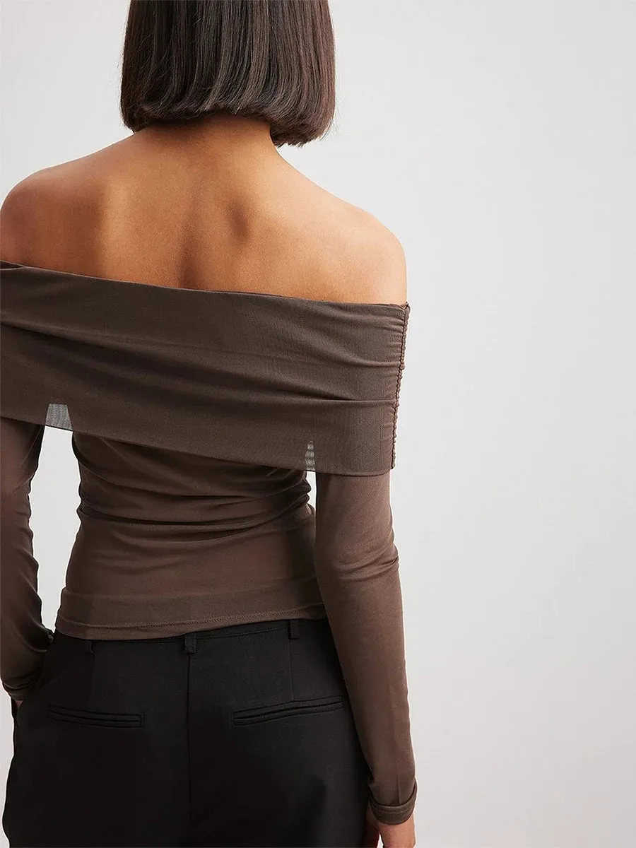 Long Sleeve Mesh Off Shoulder Top
