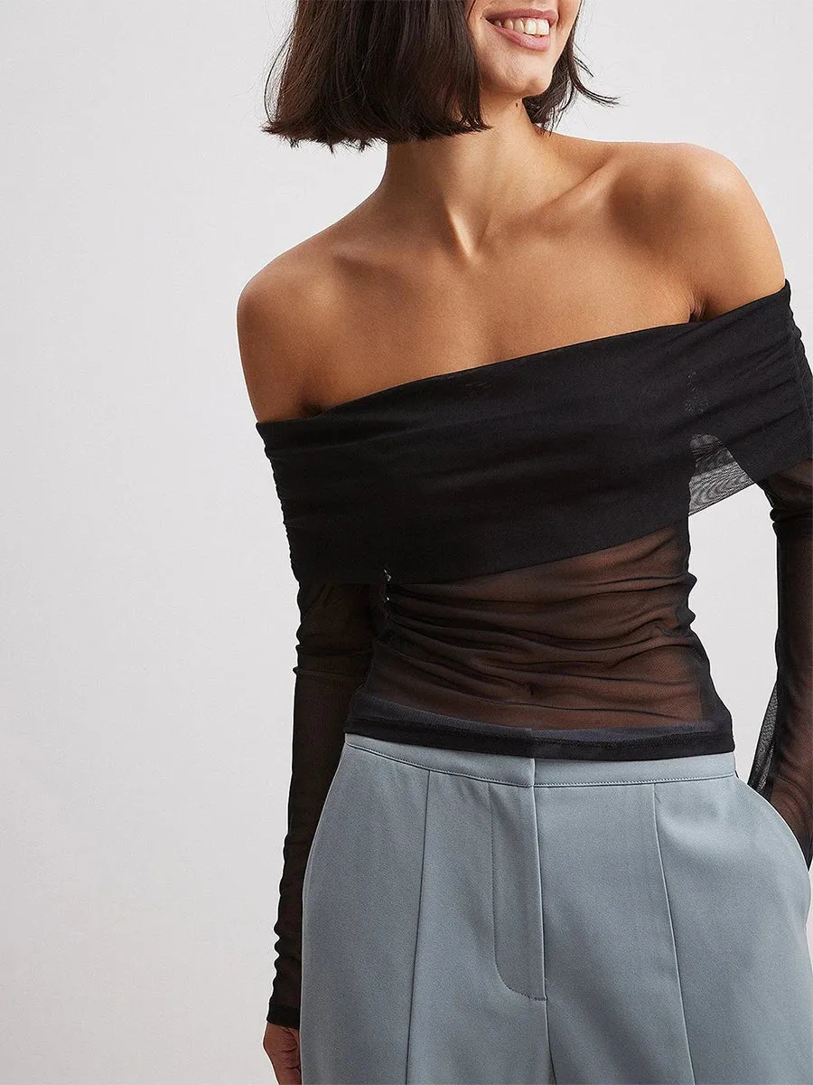 Long Sleeve Mesh Off Shoulder Top