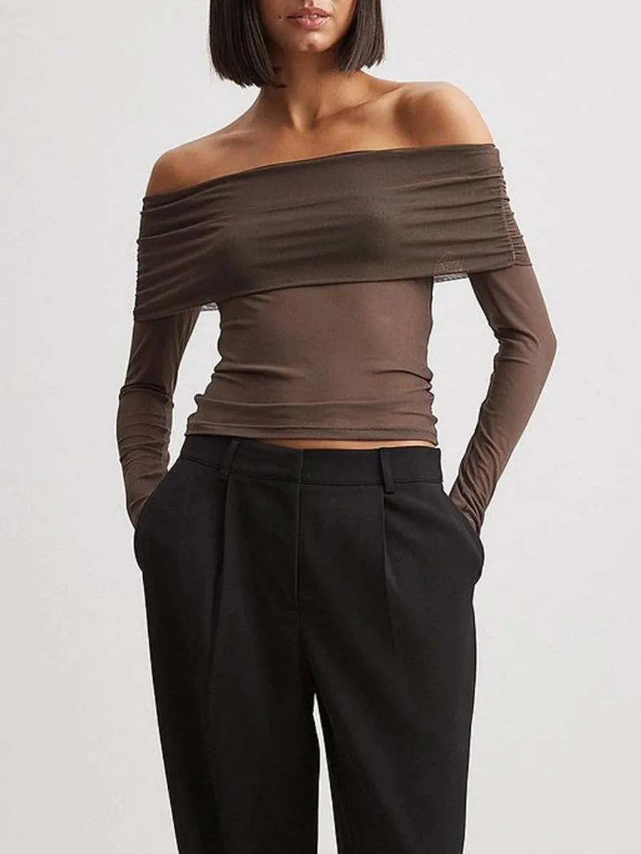 Long Sleeve Mesh Off Shoulder Top
