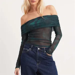 Long Sleeve Mesh Off Shoulder Top