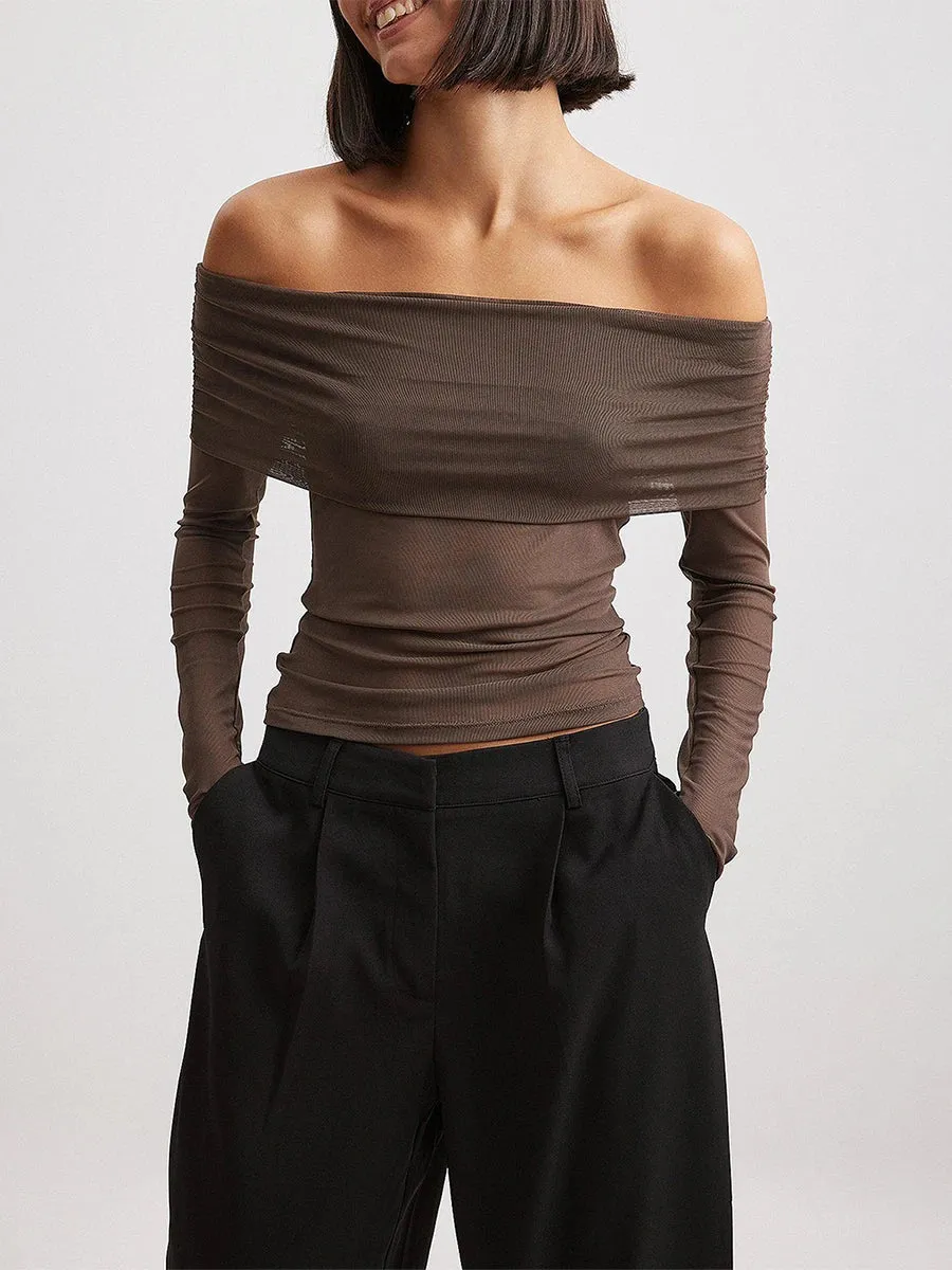 Long Sleeve Mesh Off Shoulder Top