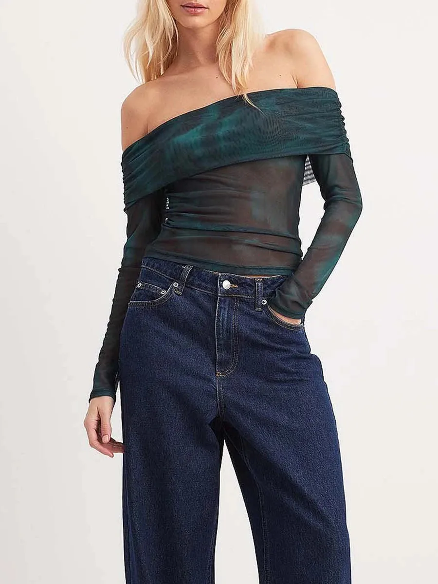 Long Sleeve Mesh Off Shoulder Top