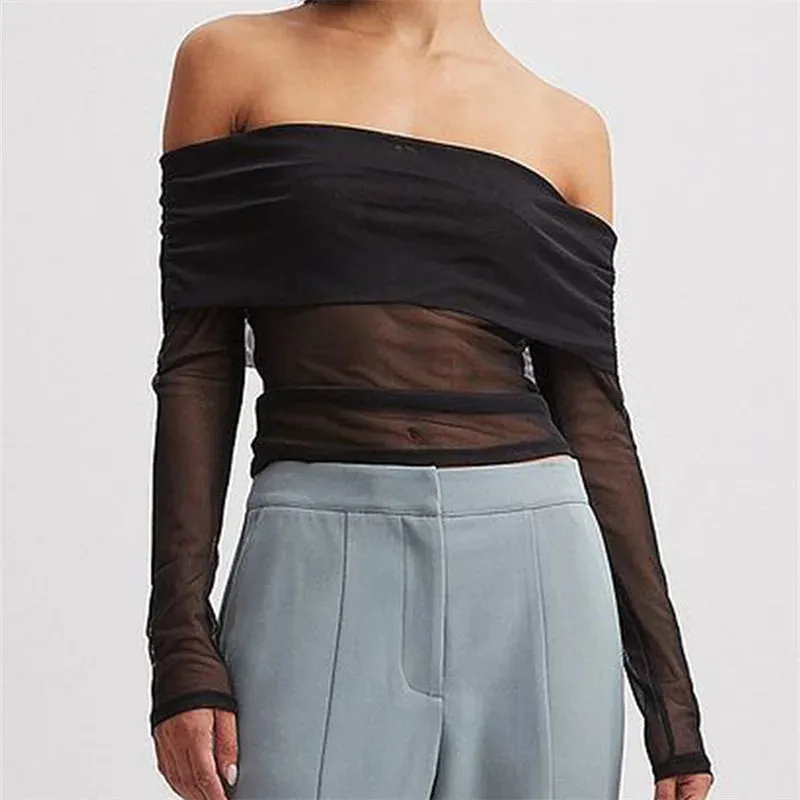 Long Sleeve Mesh Off Shoulder Top
