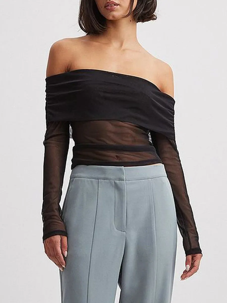 Long Sleeve Mesh Off Shoulder Top