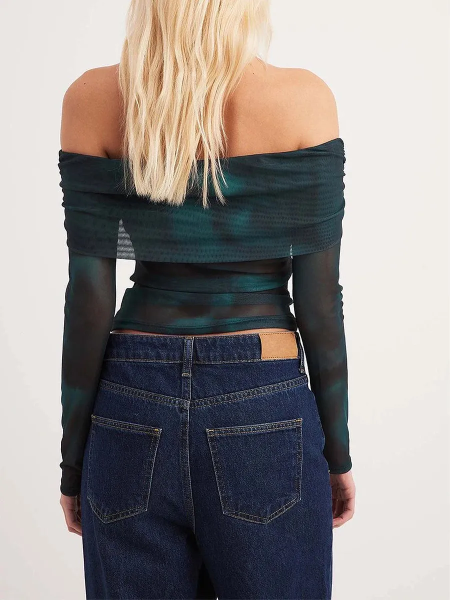 Long Sleeve Mesh Off Shoulder Top