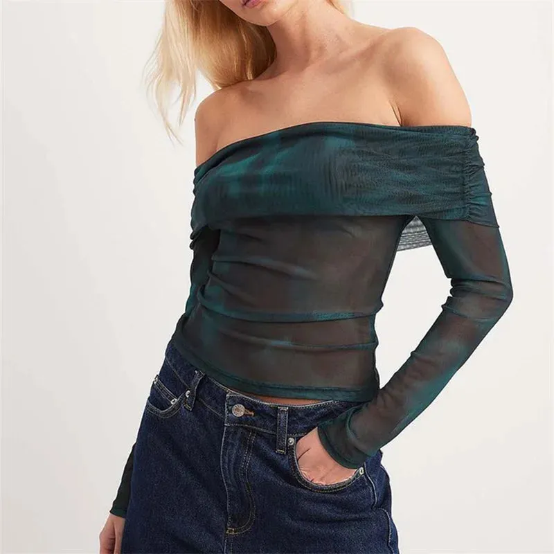 Long Sleeve Mesh Off Shoulder Top