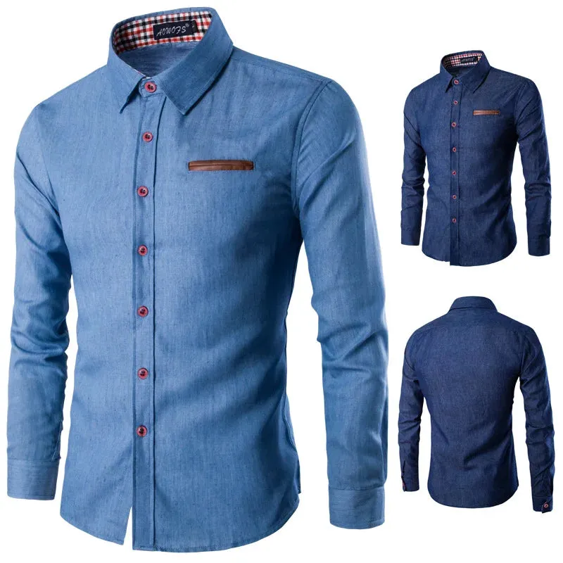 Men's Slim Fit Long Sleeve Shirt with Leather Pocket Panel