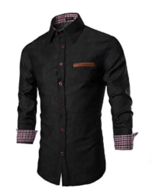 Men's Slim Fit Long Sleeve Shirt with Leather Pocket Panel