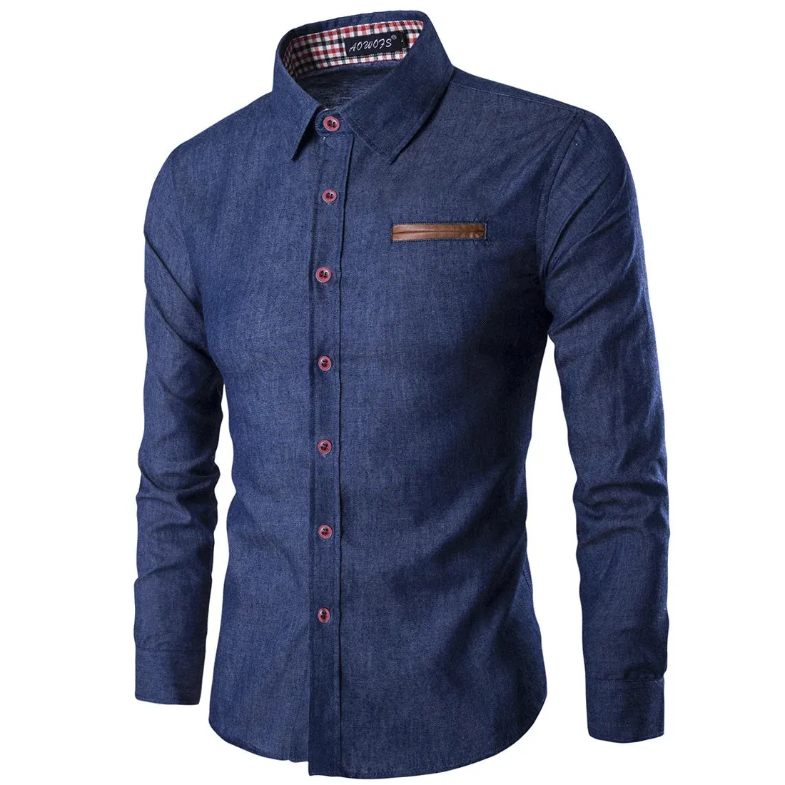 Men's Slim Fit Long Sleeve Shirt with Leather Pocket Panel