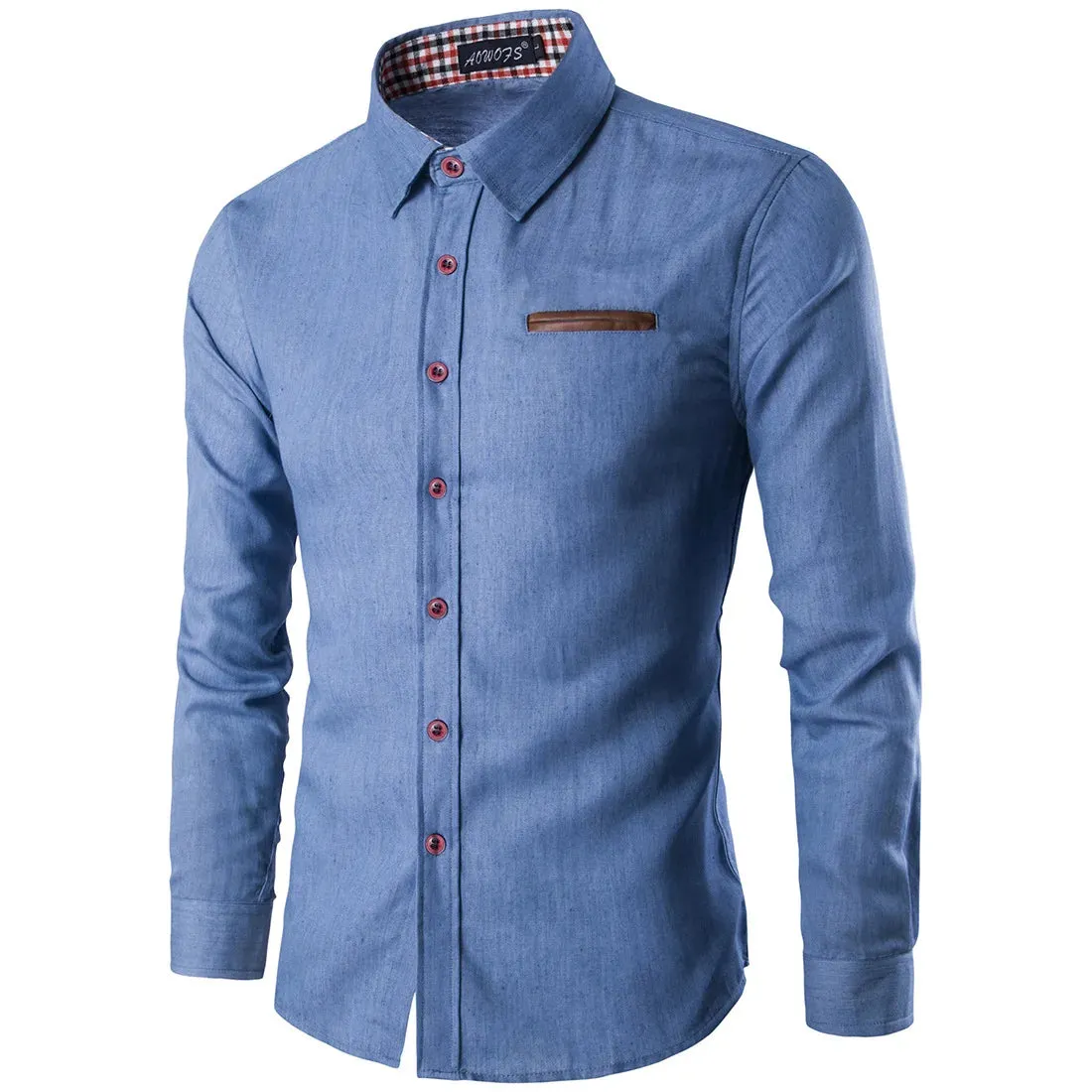 Men's Slim Fit Long Sleeve Shirt with Leather Pocket Panel