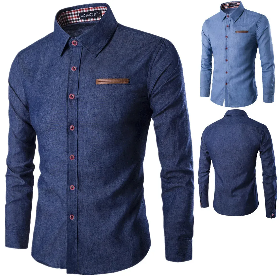 Men's Slim Fit Long Sleeve Shirt with Leather Pocket Panel