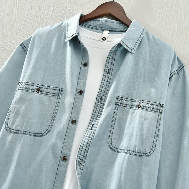 Men's Stylish Relaxed Fit Denim Shirt with Contrasting Stitching