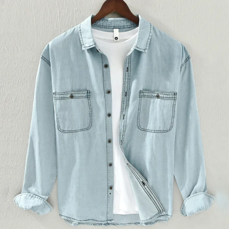Men's Stylish Relaxed Fit Denim Shirt with Contrasting Stitching