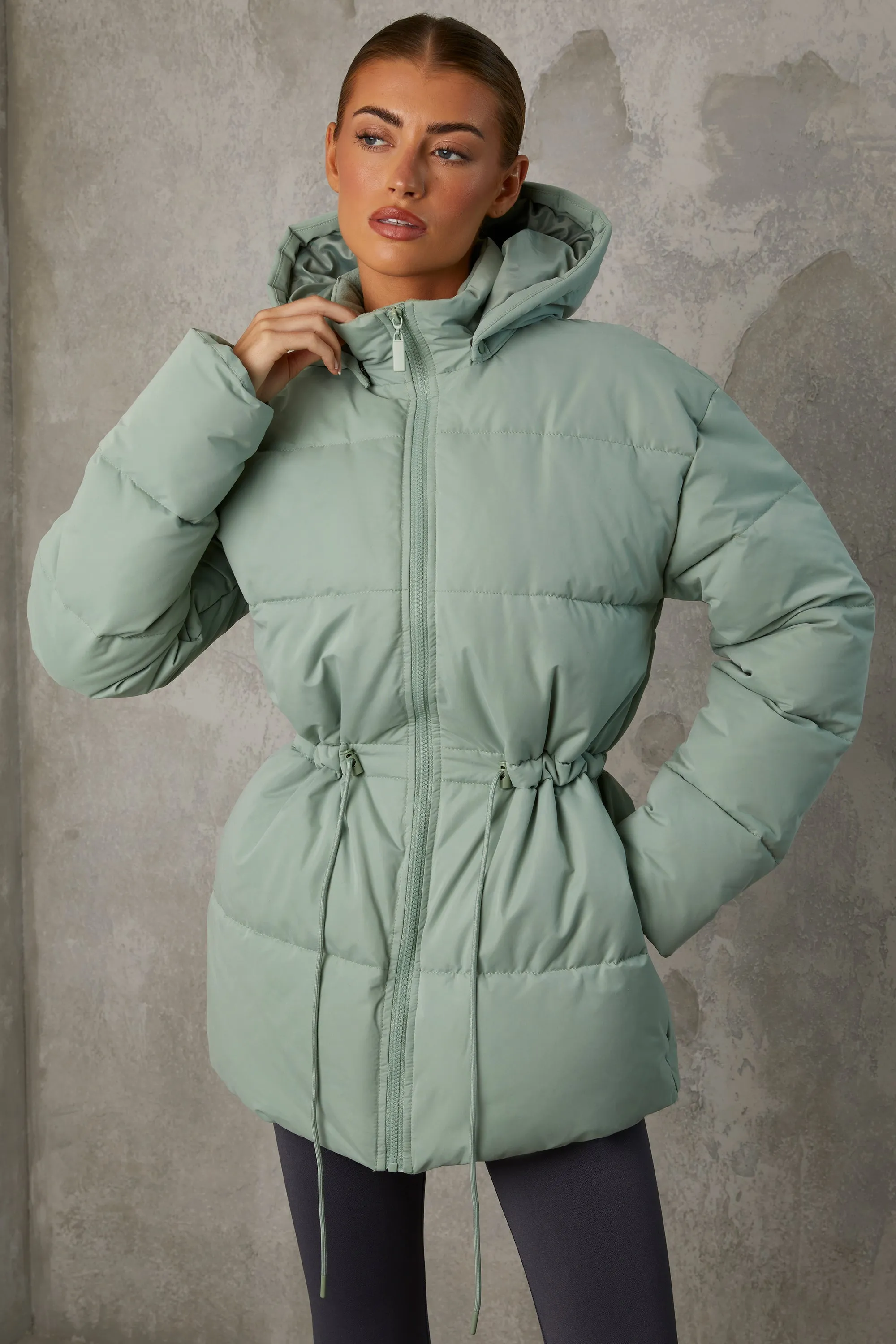Mid Length Hooded Puffer Coat in Iceberg Green